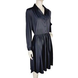 Vintage 50s 60s Sears Classic Black Sateen Button-Front Sheath Day Dress Medium